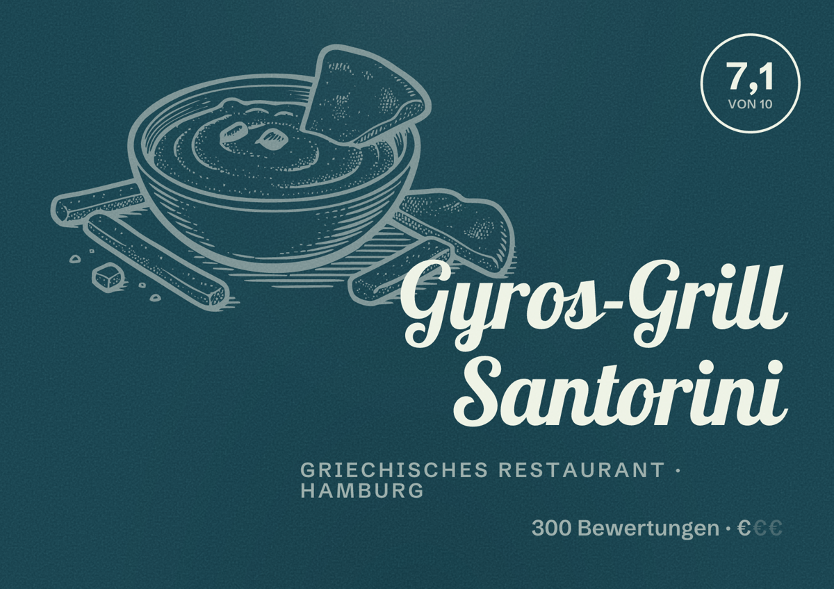 Illustriertes Poster von Gyros-Grill Santorini, Griechisches Restaurant in Hamburg: Bewertung 7,1 von 10 aus 300 Bewertungen, Preisniveau €