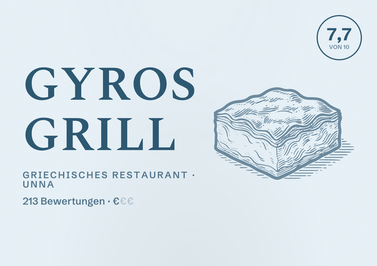 Illustriertes Poster von Gyros Grill, Griechisches Restaurant in Unna: Bewertung 7,7 von 10 aus 213 Bewertungen, Preisniveau €