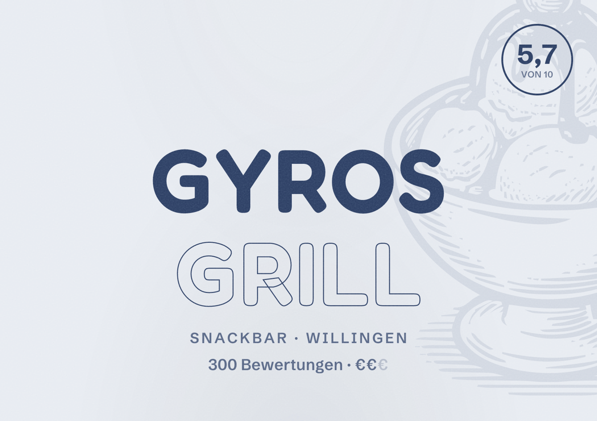 Illustriertes Poster von Gyros Grill, Snackbar in Willingen: Bewertung 5,7 von 10 aus 300 Bewertungen, Preisniveau €€