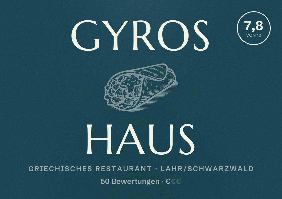 Illustriertes Poster von Gyros Haus, Griechisches Restaurant in Lahr/Schwarzwald: Bewertung 7,8 von 10 aus 50 Bewertungen, Preisniveau €