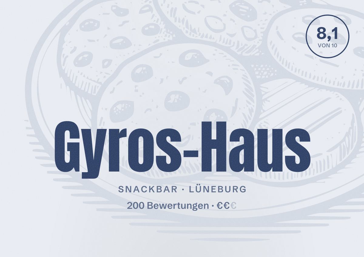 Illustriertes Poster von Gyros-Haus, Snackbar in Lüneburg: Bewertung 8,1 von 10 aus 200 Bewertungen, Preisniveau €€