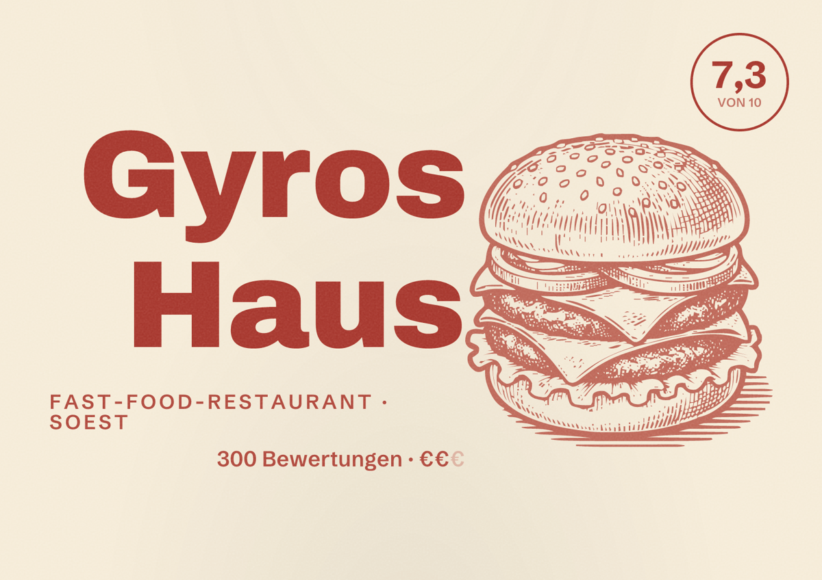 Illustriertes Poster von Gyros Haus, Fast-Food-Restaurant in Soest: Bewertung 7,3 von 10 aus 300 Bewertungen, Preisniveau €€