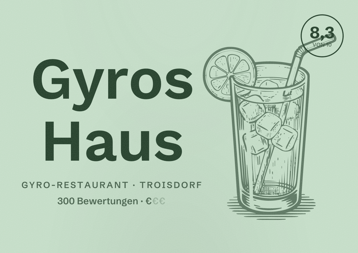 Illustriertes Poster von Gyros Haus, Gyro-Restaurant in Troisdorf: Bewertung 8,3 von 10 aus 300 Bewertungen, Preisniveau €