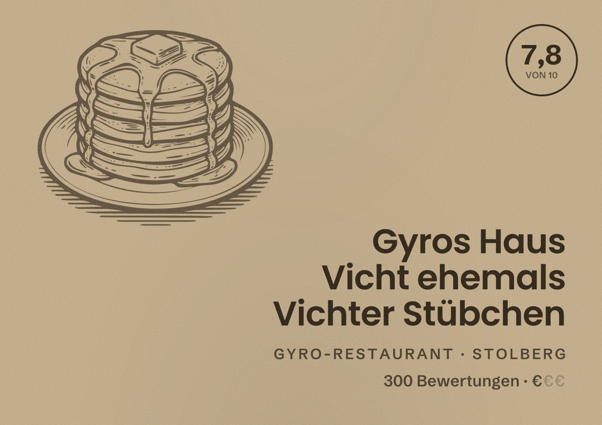 Illustriertes Poster von Gyros Haus Vicht ehemals Vichter Stübchen, Gyro-Restaurant in Stolberg: Bewertung 7,8 von 10 aus 300 Bewertungen, Preisniveau €