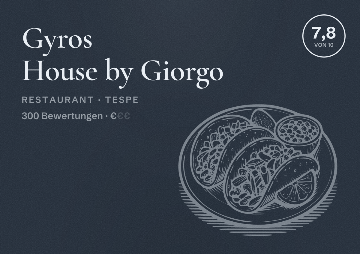Illustriertes Poster von Gyros House by Giorgo, Restaurant in Tespe: Bewertung 7,8 von 10 aus 300 Bewertungen, Preisniveau €