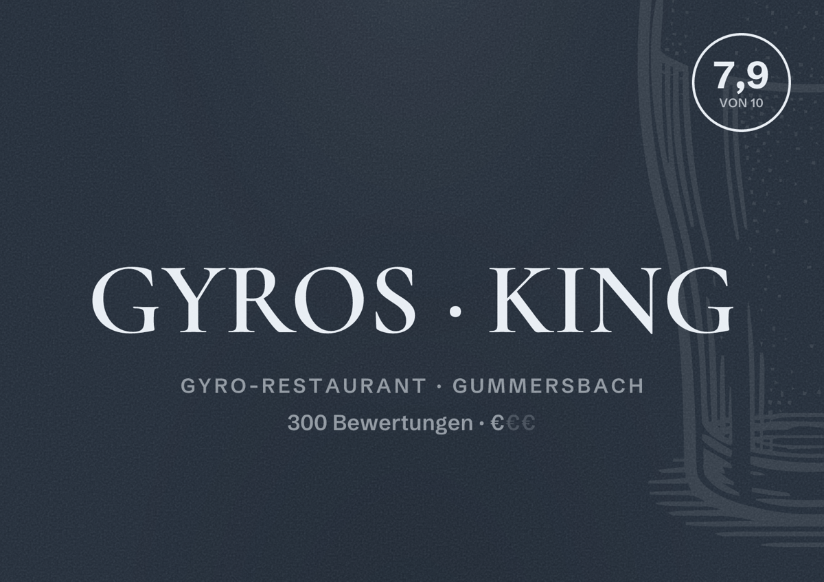 Illustriertes Poster von GYROS KING, Gyro-Restaurant in Gummersbach: Bewertung 7,9 von 10 aus 300 Bewertungen, Preisniveau €