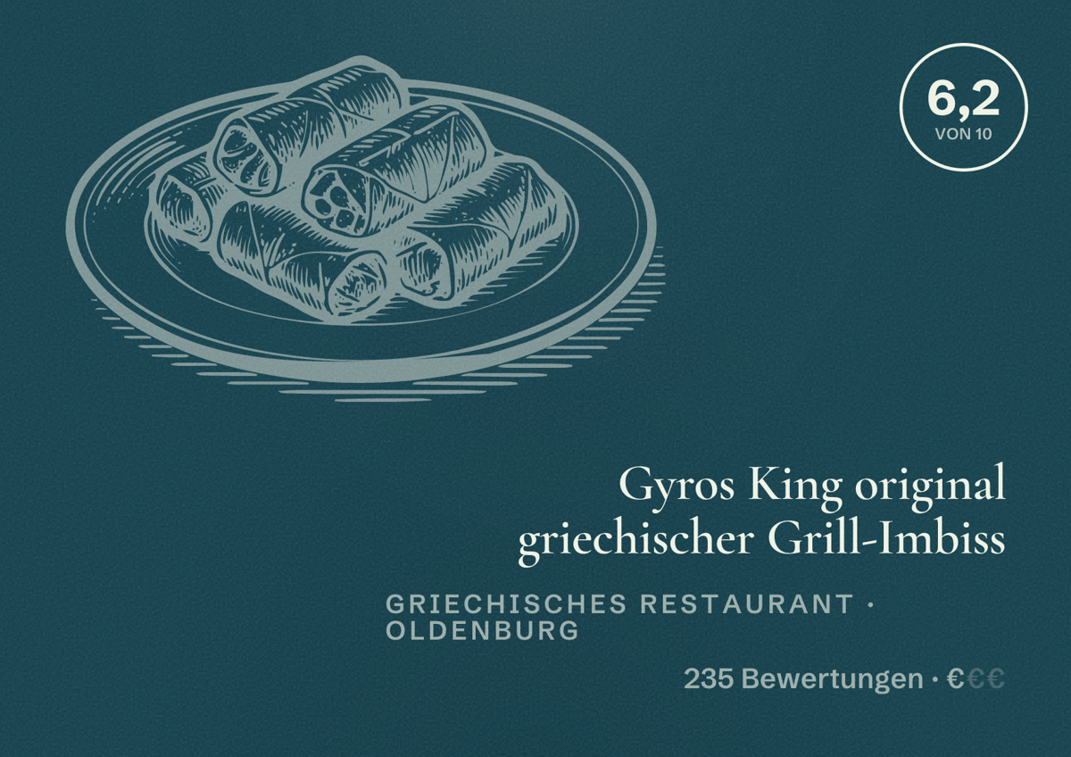 Illustriertes Poster von Gyros King original griechischer Grill-Imbiss, Griechisches Restaurant in Oldenburg: Bewertung 6,2 von 10 aus 235 Bewertungen, Preisniveau €