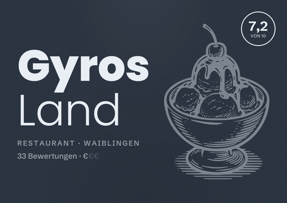 Illustriertes Poster von Gyros Land, Restaurant in Waiblingen: Bewertung 7,2 von 10 aus 33 Bewertungen, Preisniveau €