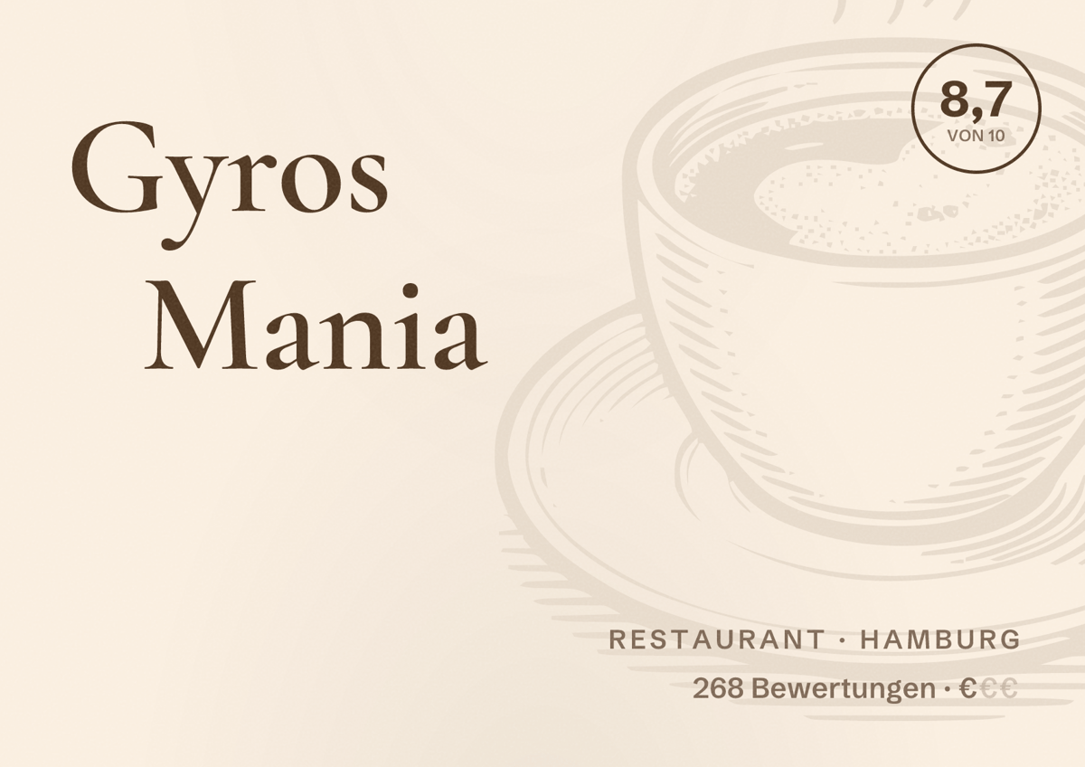 Illustriertes Poster von Gyros Mania, Restaurant in Hamburg: Bewertung 8,7 von 10 aus 268 Bewertungen, Preisniveau €