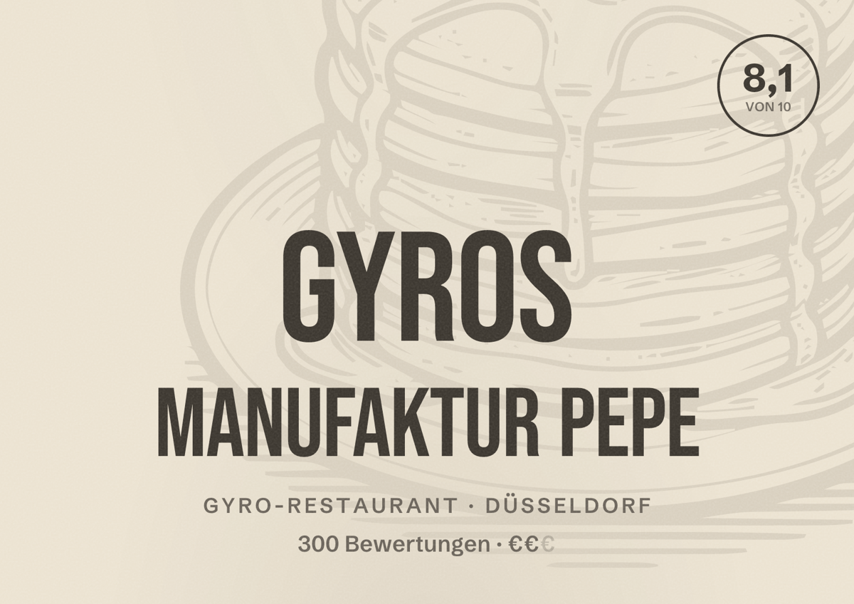Illustriertes Poster von Gyros Manufaktur Pepe, Gyro-Restaurant in Düsseldorf: Bewertung 8,1 von 10 aus 300 Bewertungen, Preisniveau €€