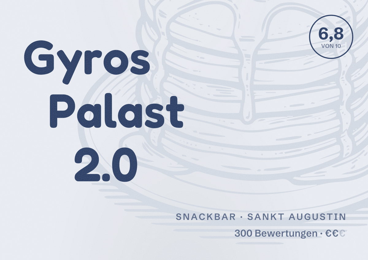 Illustriertes Poster von Gyros Palast 2.0, Snackbar in Sankt Augustin: Bewertung 6,8 von 10 aus 300 Bewertungen, Preisniveau €€