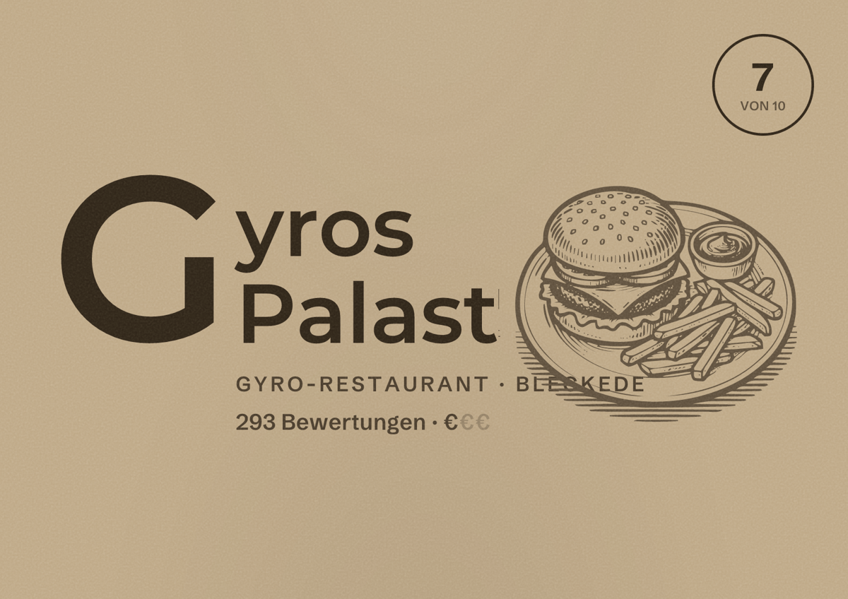 Illustriertes Poster von Gyros Palast, Gyro-Restaurant in Bleckede: Bewertung 7 von 10 aus 293 Bewertungen, Preisniveau €