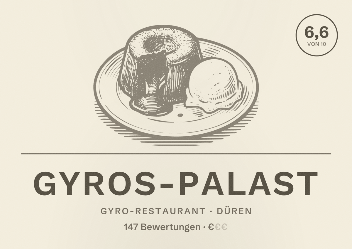 Illustriertes Poster von Gyros-Palast, Gyro-Restaurant in Düren: Bewertung 6,6 von 10 aus 147 Bewertungen, Preisniveau €