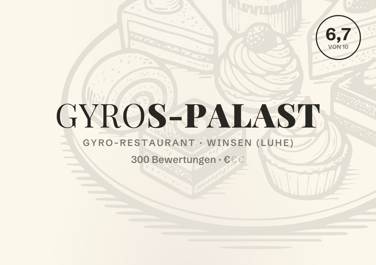 Illustriertes Poster von Gyros-Palast, Gyro-Restaurant in Winsen (Luhe): Bewertung 6,7 von 10 aus 300 Bewertungen, Preisniveau €