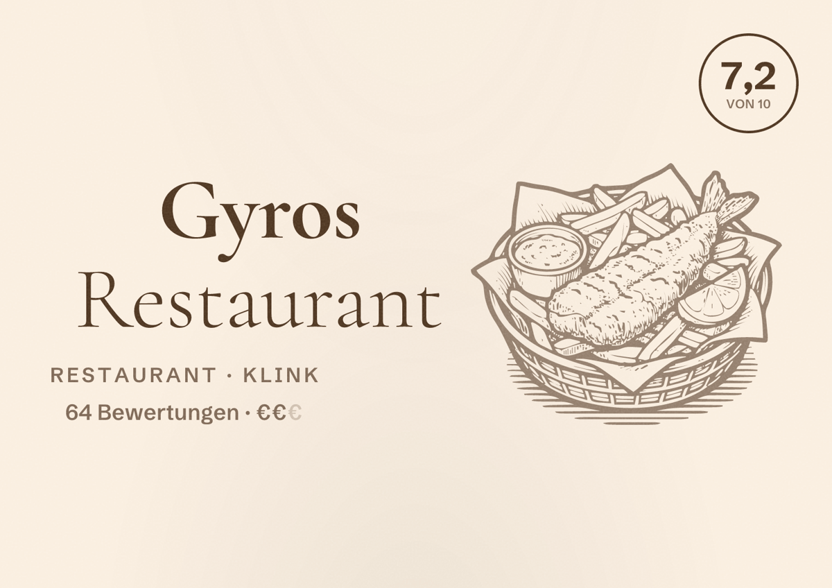 Illustriertes Poster von Gyros Restaurant, Restaurant in Klink: Bewertung 7,2 von 10 aus 64 Bewertungen, Preisniveau €€