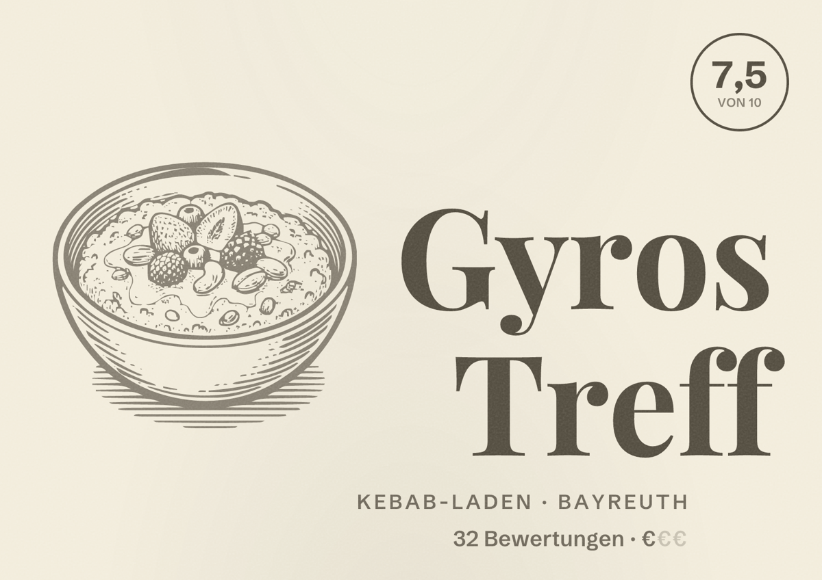 Illustriertes Poster von Gyros Treff, Kebab-Laden in Bayreuth: Bewertung 7,5 von 10 aus 32 Bewertungen, Preisniveau €