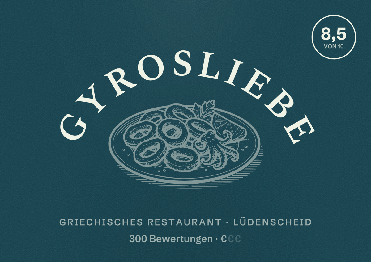 Illustriertes Poster von Gyrosliebe, Griechisches Restaurant in Lüdenscheid: Bewertung 8,5 von 10 aus 300 Bewertungen, Preisniveau €