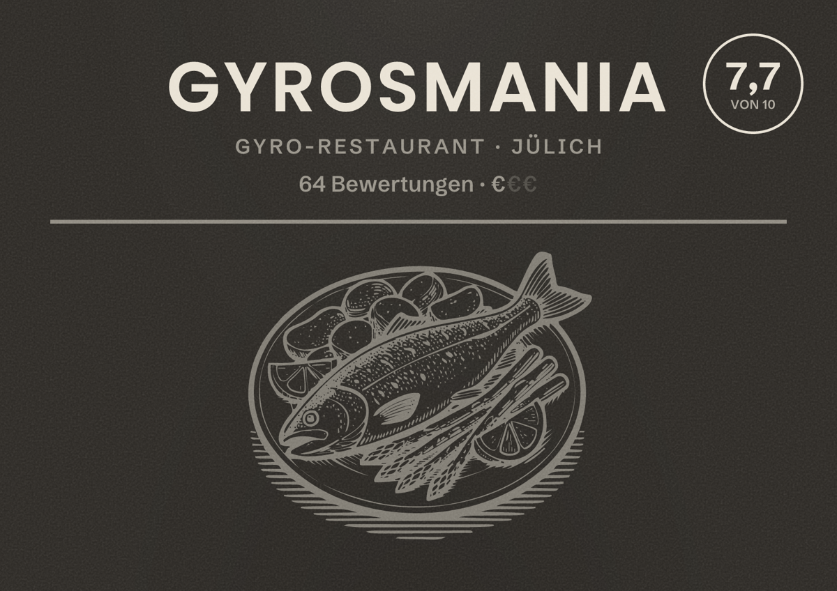 Illustriertes Poster von Gyrosmania, Gyro-Restaurant in Jülich: Bewertung 7,7 von 10 aus 64 Bewertungen, Preisniveau €
