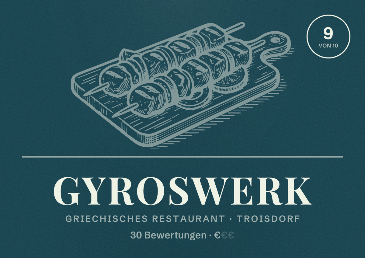 Illustriertes Poster von Gyroswerk, Griechisches Restaurant in Troisdorf: Bewertung 9 von 10 aus 30 Bewertungen, Preisniveau €