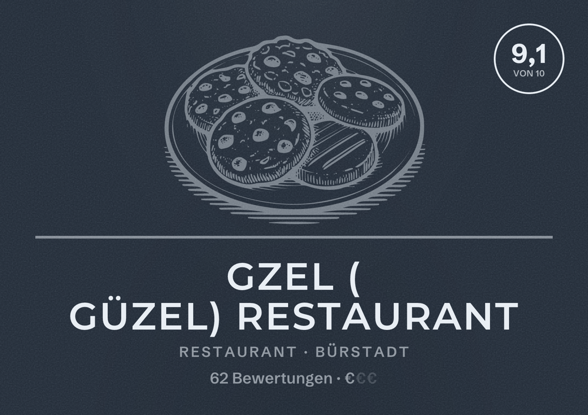 Illustriertes Poster von Gzel ( Güzel) Restaurant, Restaurant in Bürstadt: Bewertung 9,1 von 10 aus 62 Bewertungen, Preisniveau €