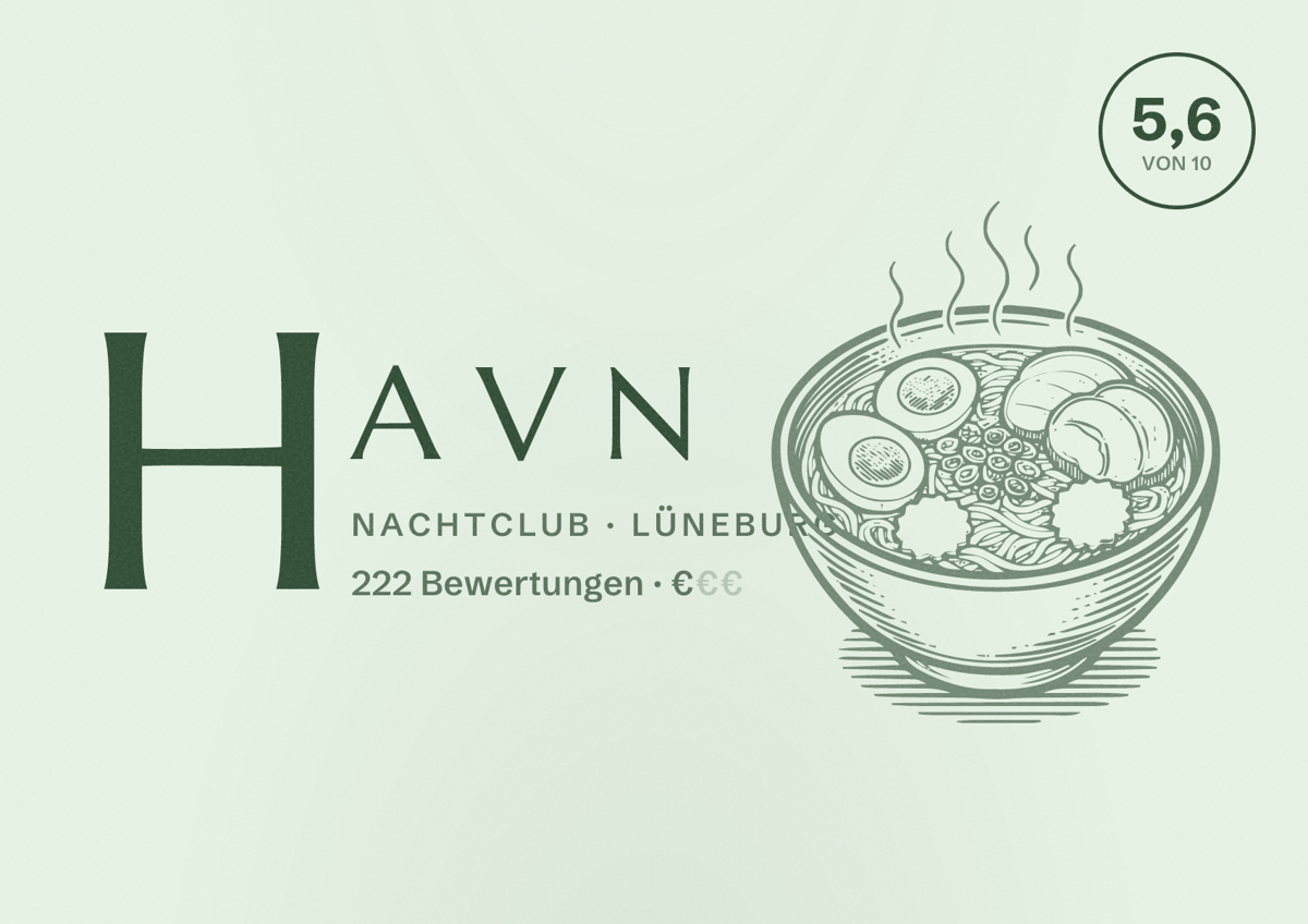 Illustriertes Poster von H A V N, Nachtclub in Lüneburg: Bewertung 5,6 von 10 aus 222 Bewertungen, Preisniveau €