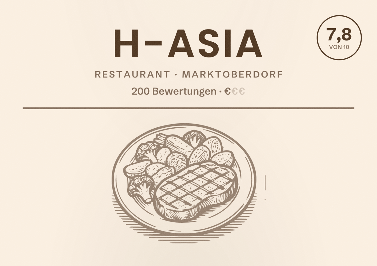 Illustriertes Poster von H-Asia, Restaurant in Marktoberdorf: Bewertung 7,8 von 10 aus 200 Bewertungen, Preisniveau €