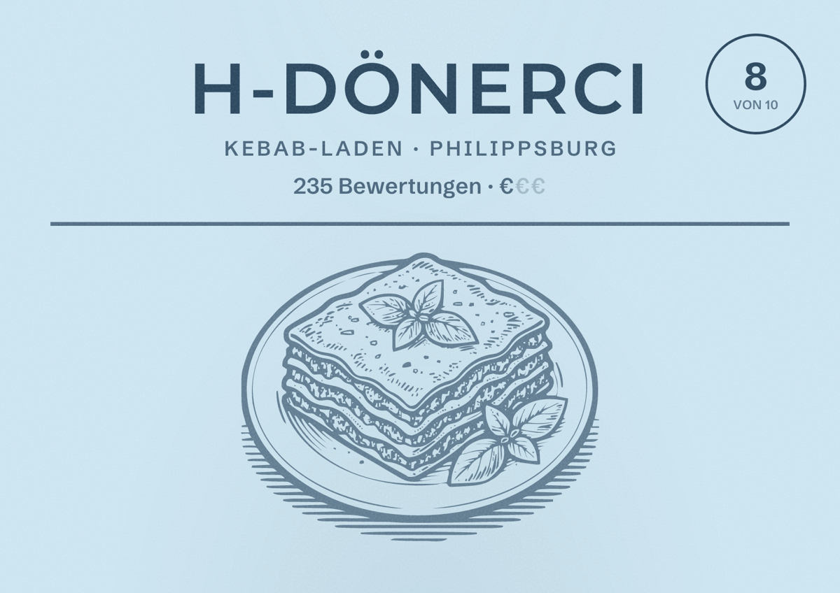 Illustriertes Poster von H-Dönerci, Kebab-Laden in Philippsburg: Bewertung 8 von 10 aus 235 Bewertungen, Preisniveau €