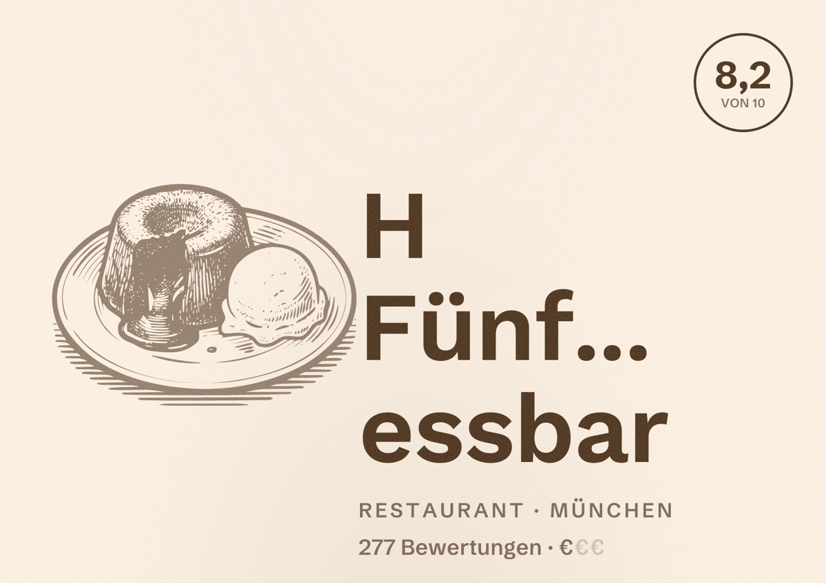 Illustriertes Poster von H Fünf... essbar, Restaurant in München: Bewertung 8,2 von 10 aus 277 Bewertungen, Preisniveau €