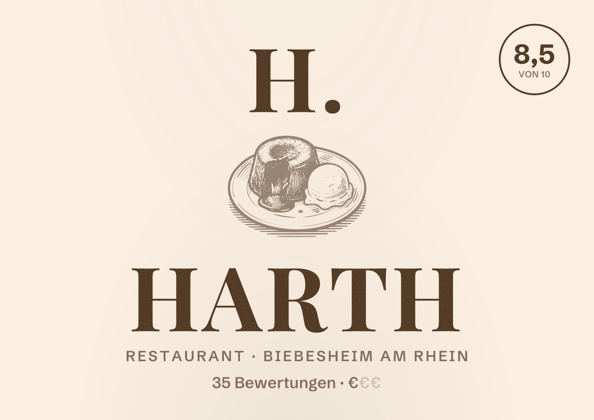 Illustriertes Poster von H. Harth, Restaurant in Biebesheim am Rhein: Bewertung 8,5 von 10 aus 35 Bewertungen, Preisniveau €