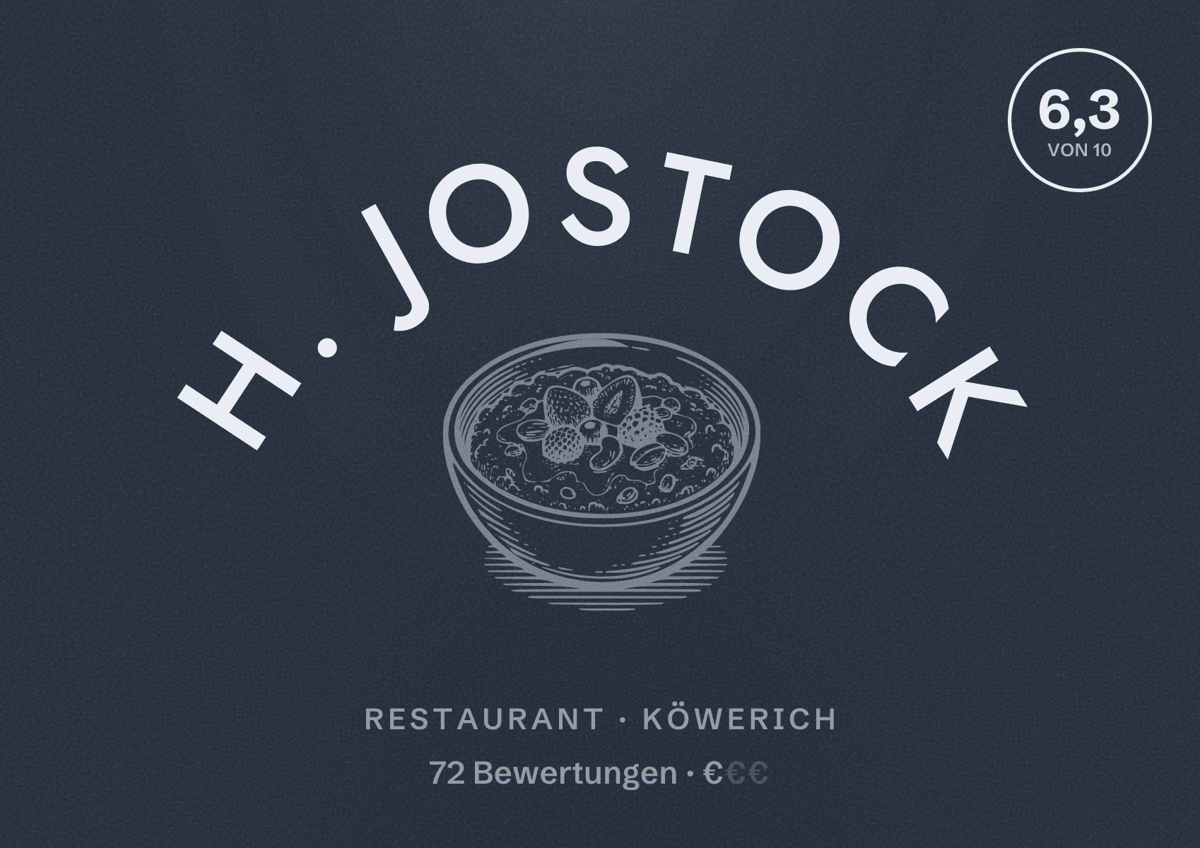 Illustriertes Poster von H. Jostock, Restaurant in Köwerich: Bewertung 6,3 von 10 aus 72 Bewertungen, Preisniveau €