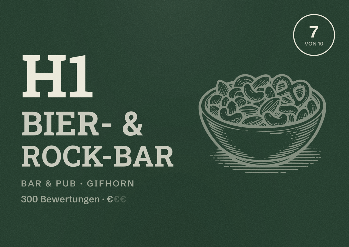 Illustriertes Poster von H1 Bier- & Rock-Bar, Bar & Pub in Gifhorn: Bewertung 7 von 10 aus 300 Bewertungen, Preisniveau €