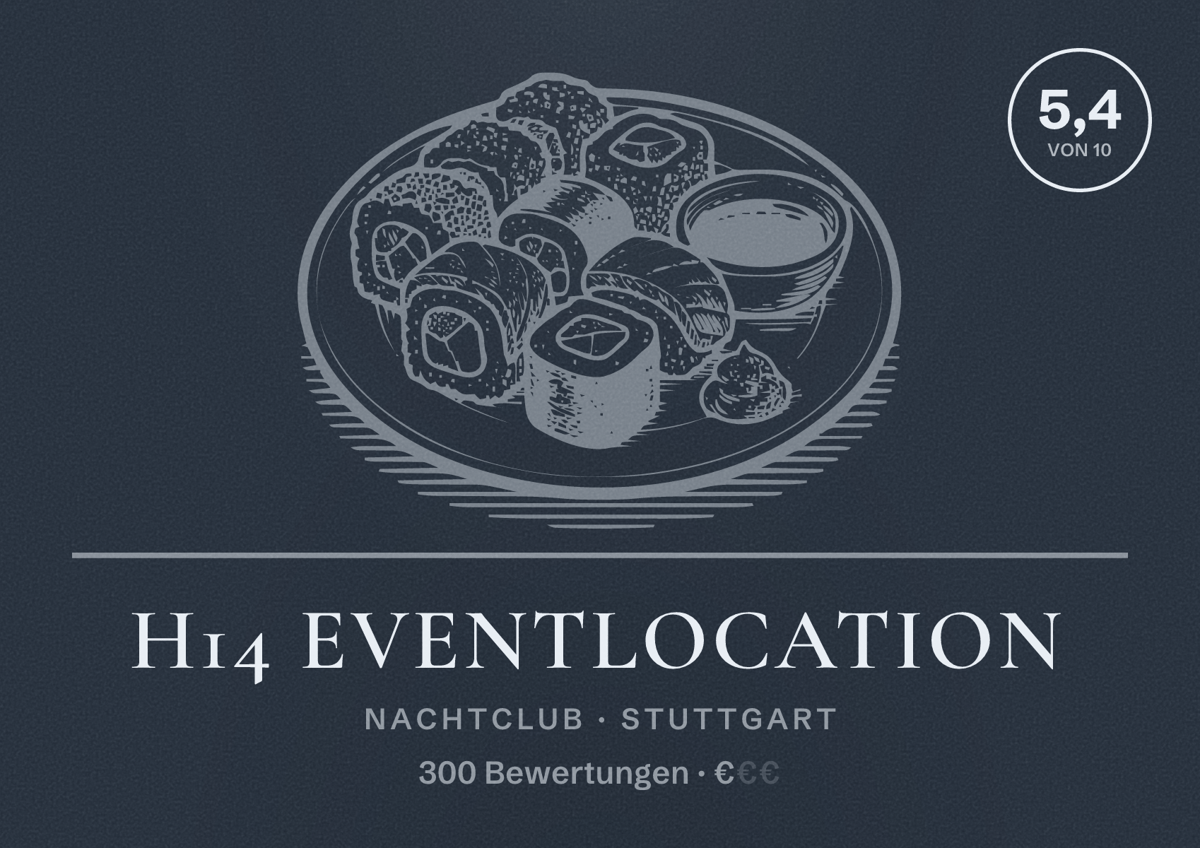 Illustriertes Poster von H14 Eventlocation, Nachtclub in Stuttgart: Bewertung 5,4 von 10 aus 300 Bewertungen, Preisniveau €