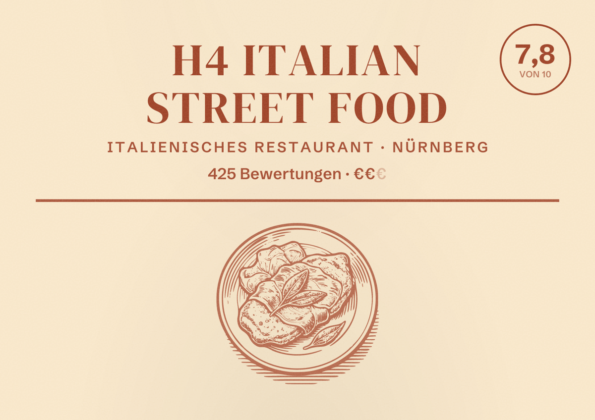 Illustriertes Poster von H4 Italian Street Food, Italienisches Restaurant in Nürnberg: Bewertung 7,8 von 10 aus 425 Bewertungen, Preisniveau €€