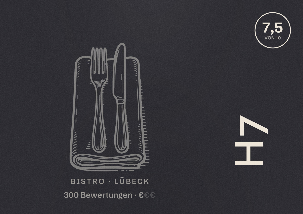 Illustriertes Poster von H7, Bistro in Lübeck: Bewertung 7,5 von 10 aus 300 Bewertungen, Preisniveau €