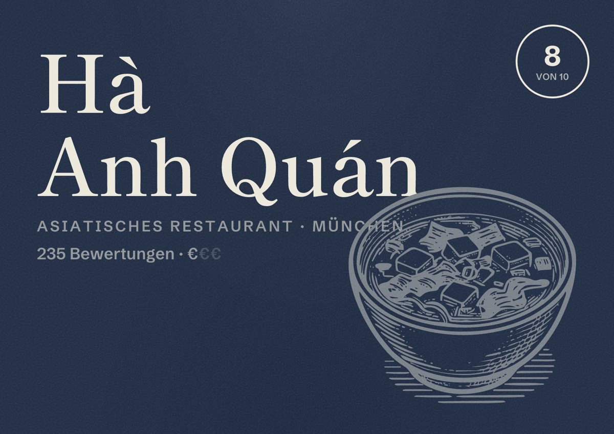 Illustriertes Poster von Hà Anh Quán, Asiatisches Restaurant in München: Bewertung 8,0 von 10 aus 235 Bewertungen, Preisniveau €