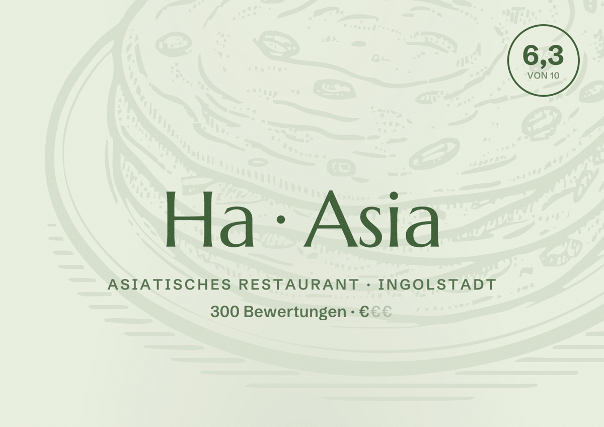 Illustriertes Poster von Ha Asia, Asiatisches Restaurant in Ingolstadt: Bewertung 6,3 von 10 aus 300 Bewertungen, Preisniveau €