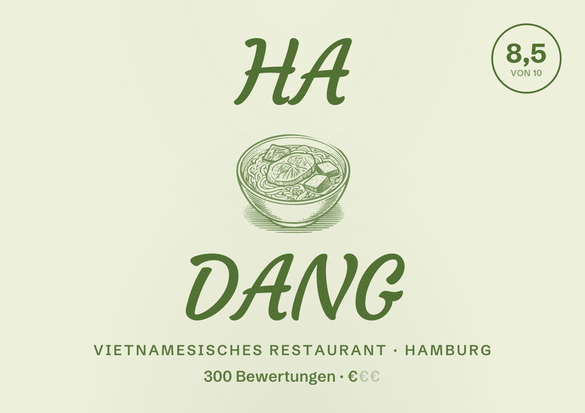 Illustriertes Poster von HA DANG, Vietnamesisches Restaurant in Hamburg: Bewertung 8,5 von 10 aus 300 Bewertungen, Preisniveau €