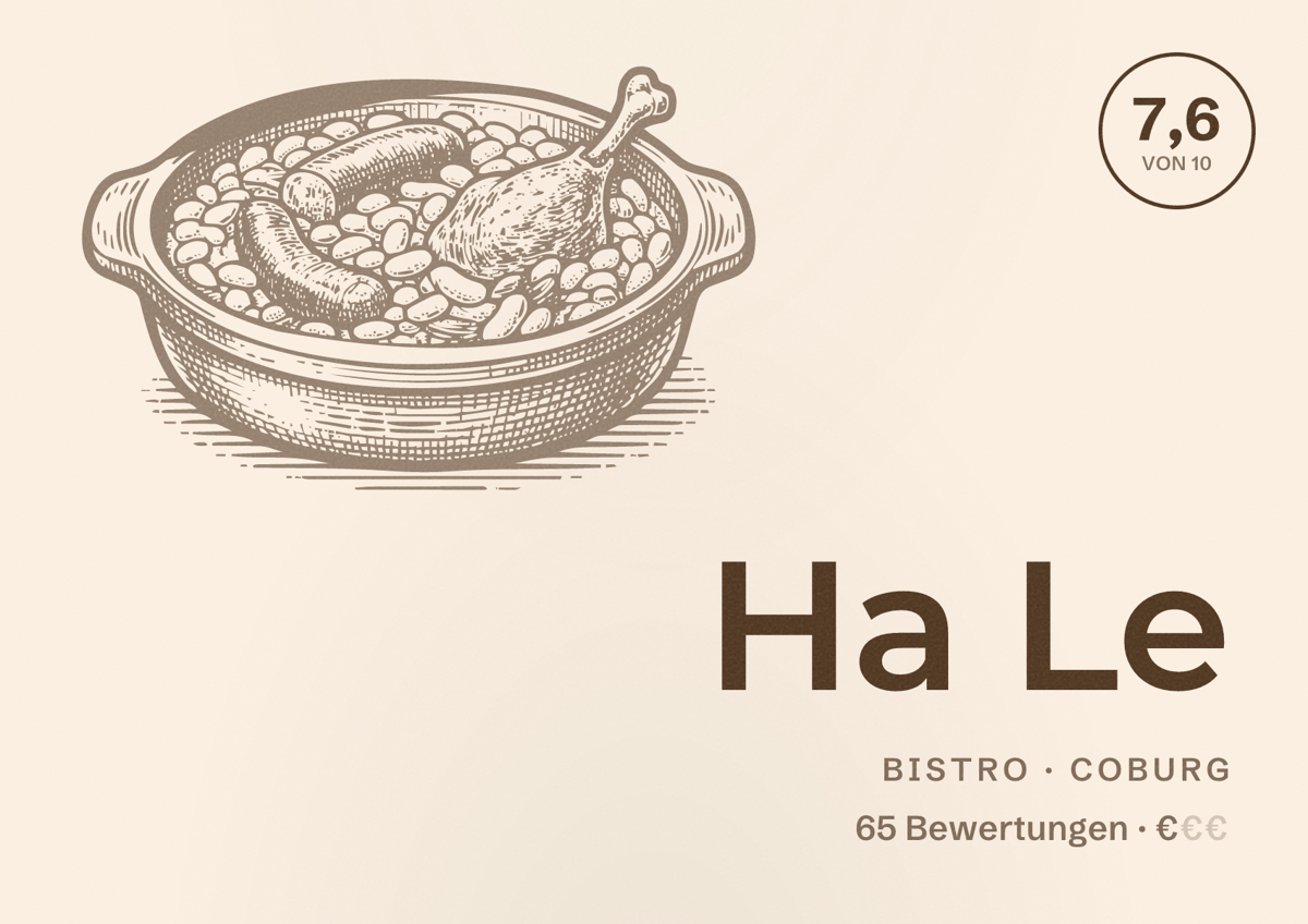 Illustriertes Poster von Ha Le, Bistro in Coburg: Bewertung 7,6 von 10 aus 65 Bewertungen, Preisniveau €