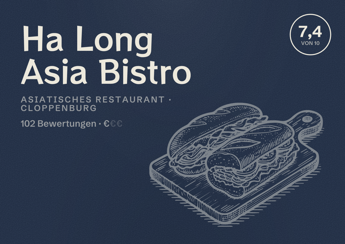 Illustriertes Poster von Ha Long Asia Bistro, Asiatisches Restaurant in Cloppenburg: Bewertung 7,4 von 10 aus 102 Bewertungen, Preisniveau €