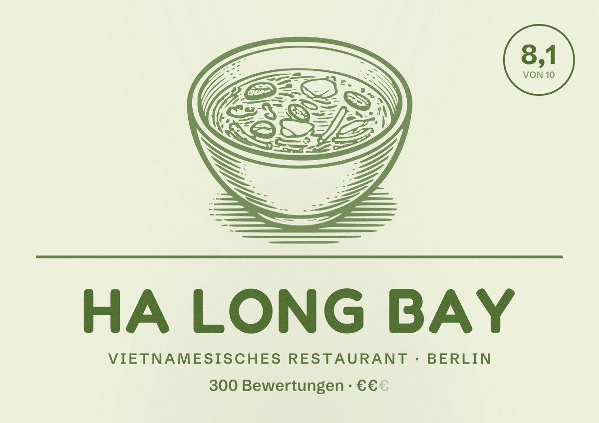 Illustriertes Poster von Ha Long Bay, Vietnamesisches Restaurant in Berlin: Bewertung 8,1 von 10 aus 300 Bewertungen, Preisniveau €€
