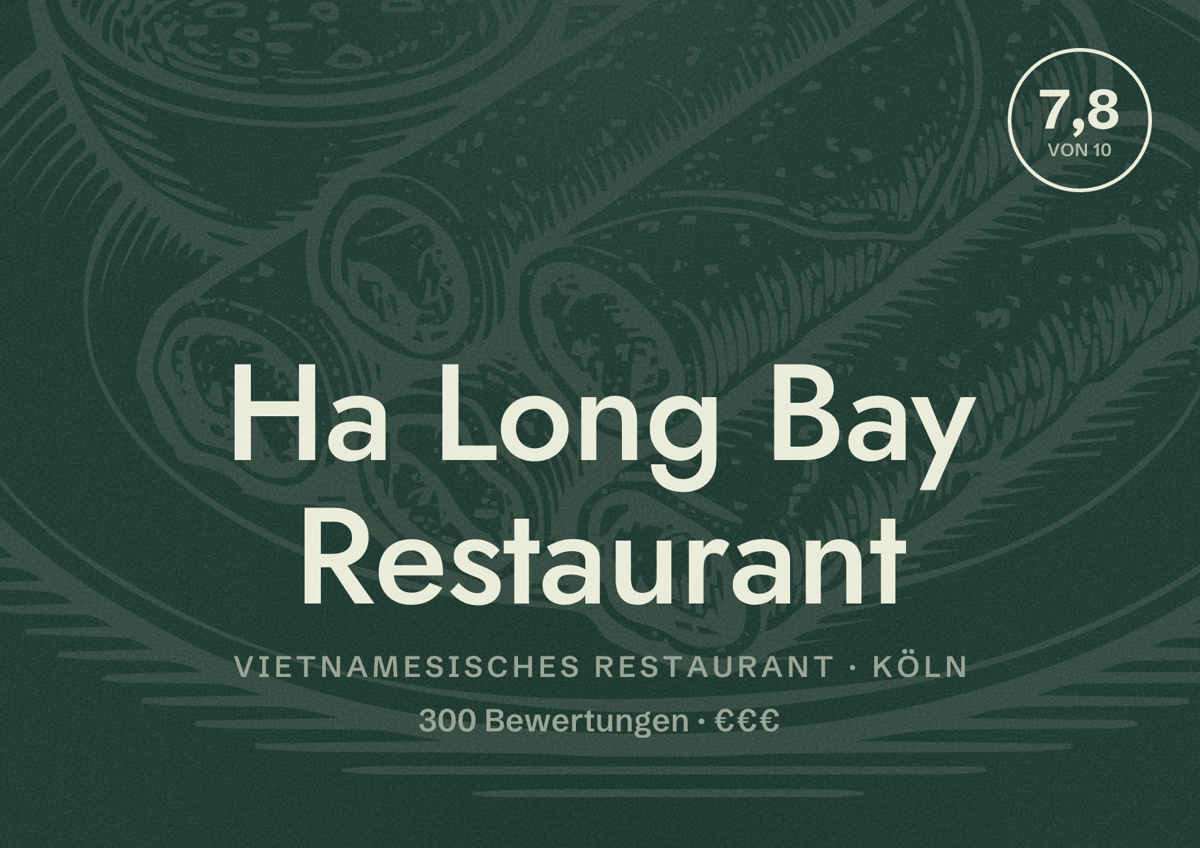 Illustriertes Poster von Ha Long Bay Restaurant, Vietnamesisches Restaurant in Köln: Bewertung 7,8 von 10 aus 300 Bewertungen, Preisniveau €€€