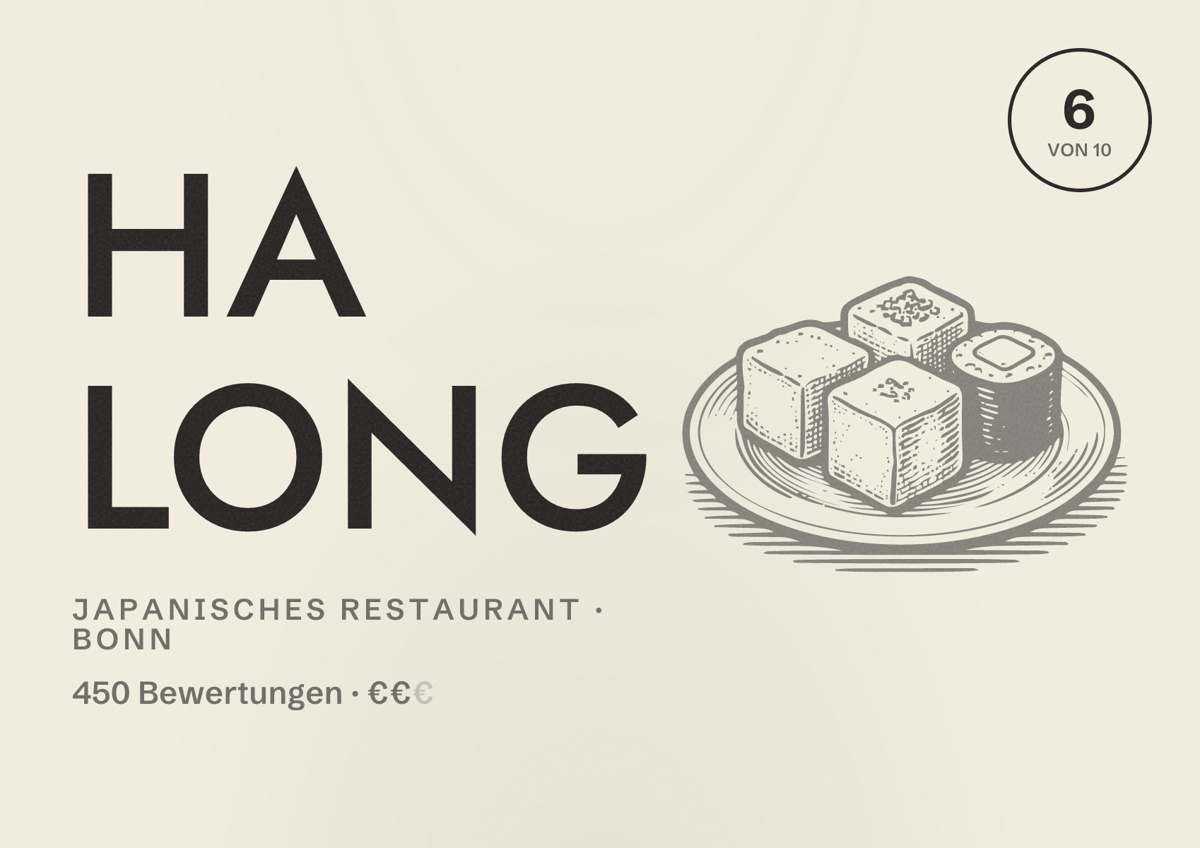 Illustriertes Poster von Ha Long, Japanisches Restaurant in Bonn: Bewertung 6 von 10 aus 450 Bewertungen, Preisniveau €€