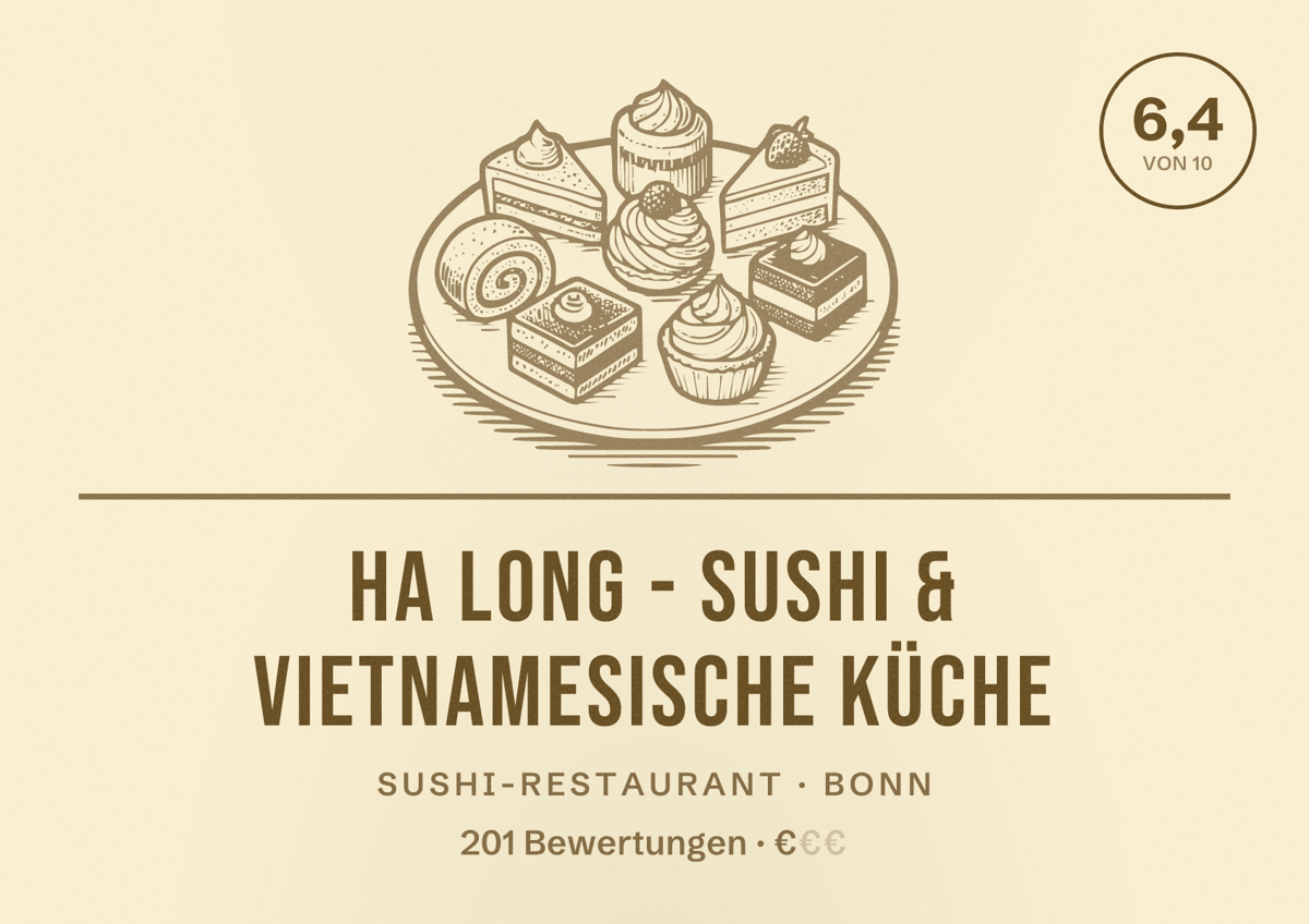 Illustriertes Poster von Ha Long - Sushi & vietnamesische Küche, Sushi-Restaurant in Bonn: Bewertung 6,4 von 10 aus 201 Bewertungen, Preisniveau €
