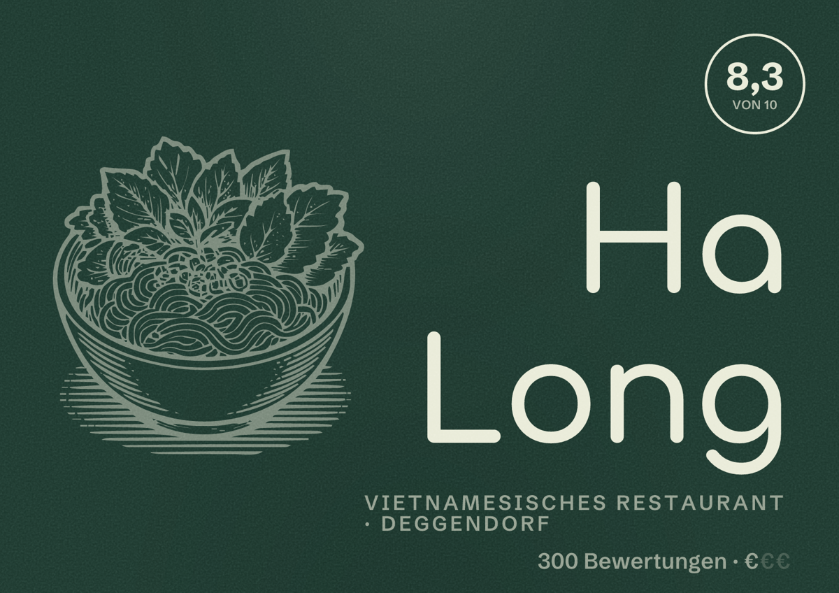 Illustriertes Poster von Ha Long, Vietnamesisches Restaurant in Deggendorf: Bewertung 8,3 von 10 aus 300 Bewertungen, Preisniveau €