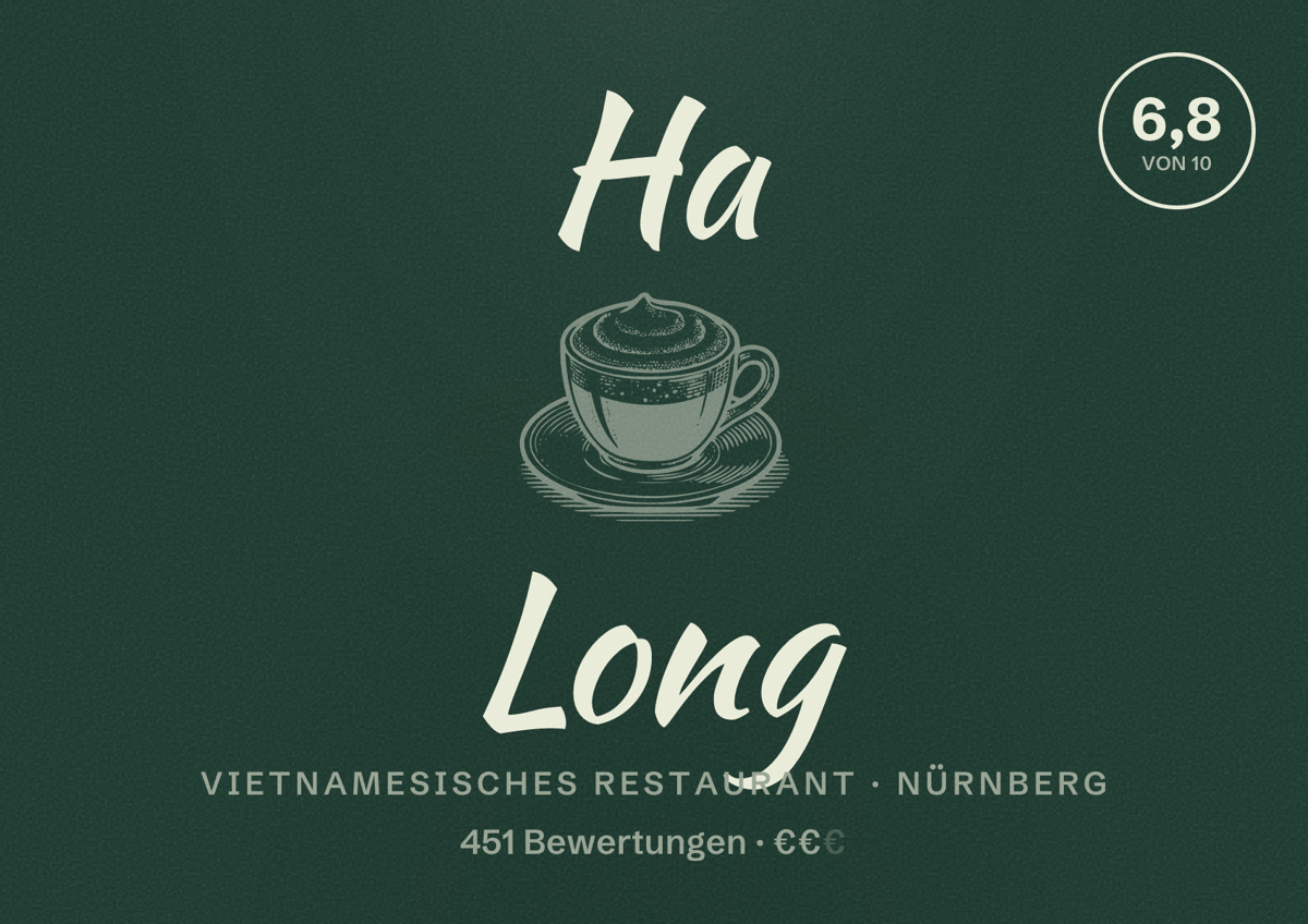 Illustriertes Poster von Ha Long, Vietnamesisches Restaurant in Nürnberg: Bewertung 6,8 von 10 aus 451 Bewertungen, Preisniveau €€