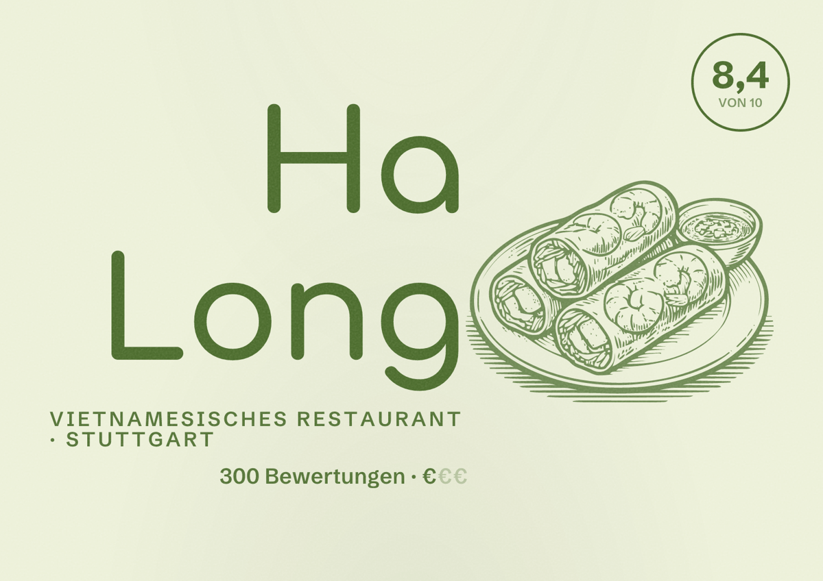 Illustriertes Poster von Ha Long, Vietnamesisches Restaurant in Stuttgart: Bewertung 8,4 von 10 aus 300 Bewertungen, Preisniveau €