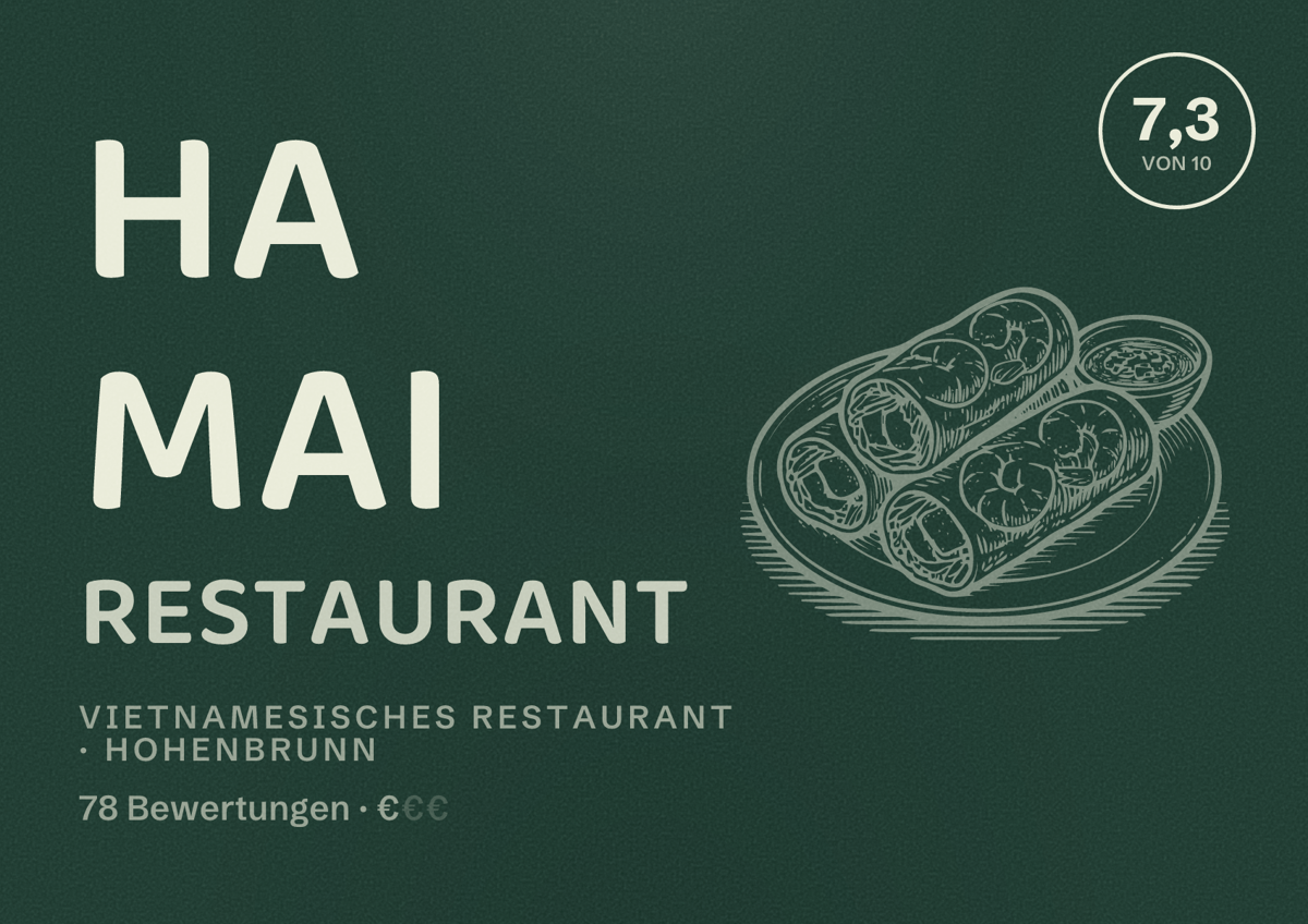 Illustriertes Poster von Ha Mai Restaurant, Vietnamesisches Restaurant in Hohenbrunn: Bewertung 7,3 von 10 aus 78 Bewertungen, Preisniveau €