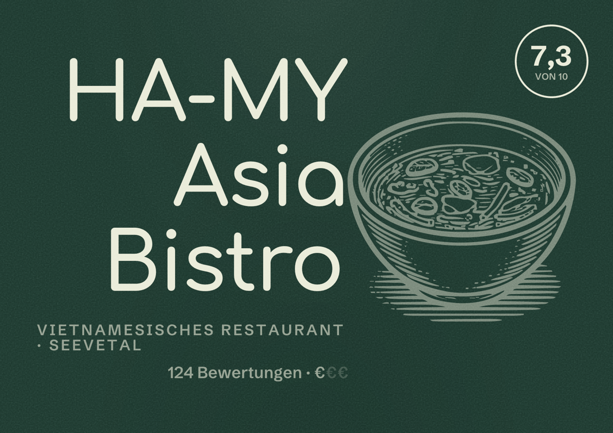 Illustriertes Poster von HA-MY Asia Bistro, Vietnamesisches Restaurant in Seevetal: Bewertung 7,3 von 10 aus 124 Bewertungen, Preisniveau €