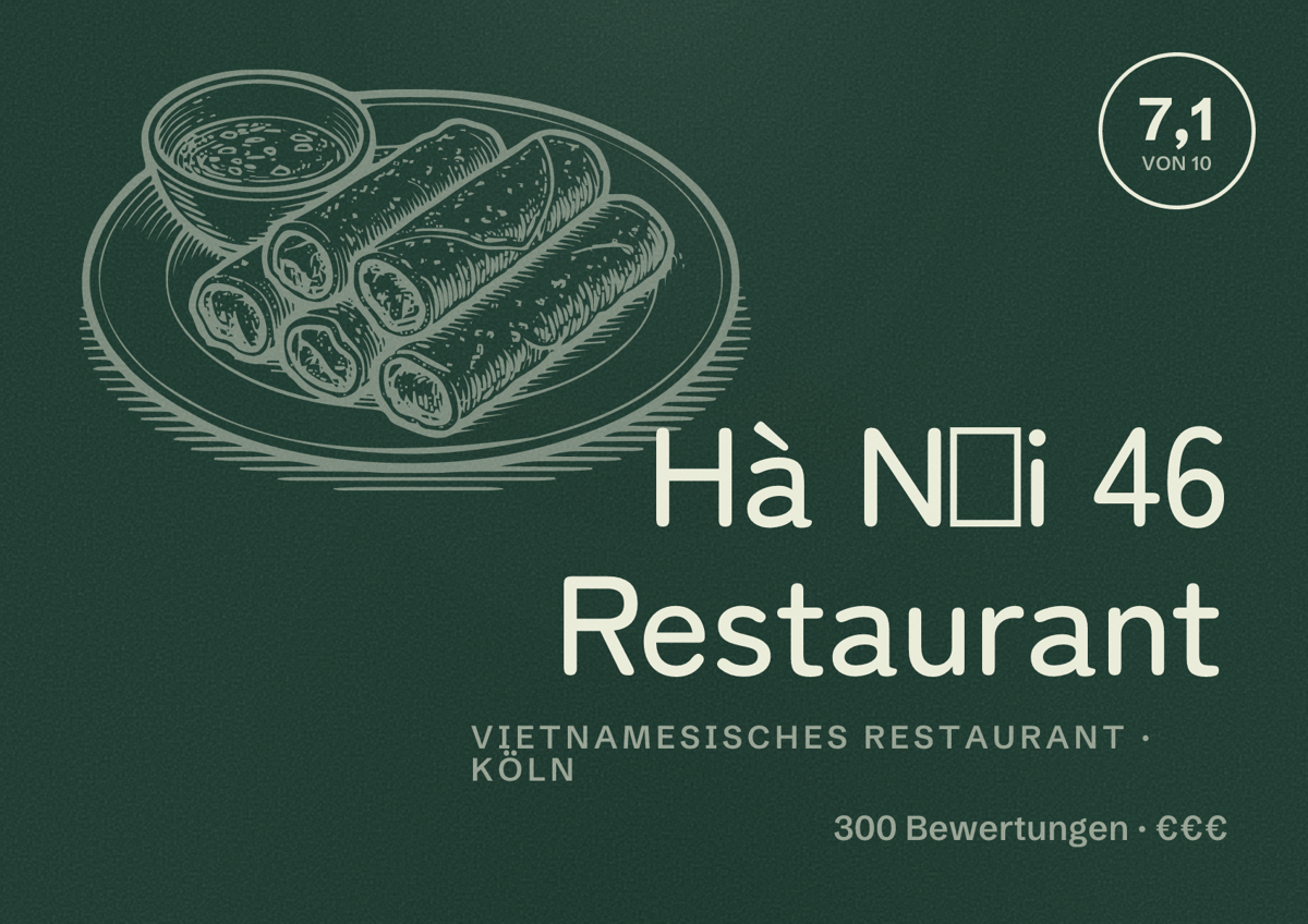 Illustriertes Poster von Hà Nội 46 Restaurant, Vietnamesisches Restaurant in Köln: Bewertung 7,1 von 10 aus 300 Bewertungen, Preisniveau €€€