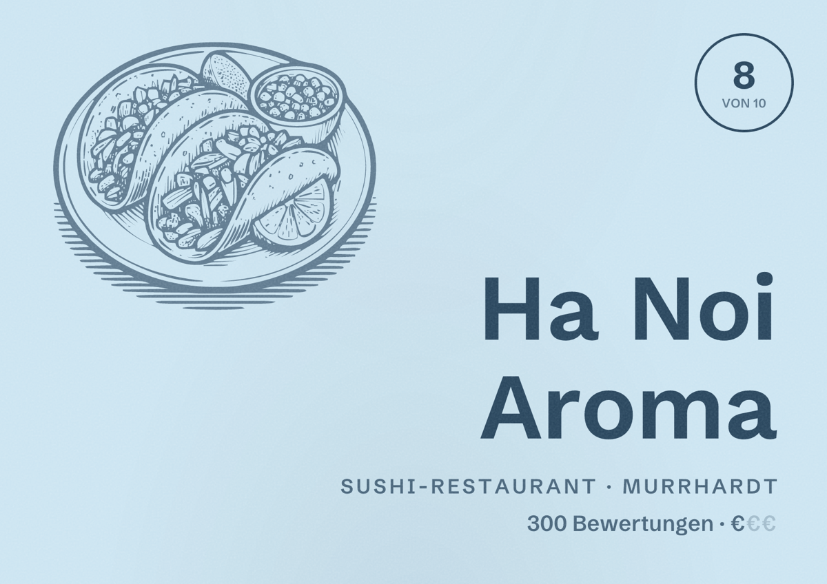 Illustriertes Poster von Ha Noi Aroma, Sushi-Restaurant in Murrhardt: Bewertung 8 von 10 aus 300 Bewertungen, Preisniveau €